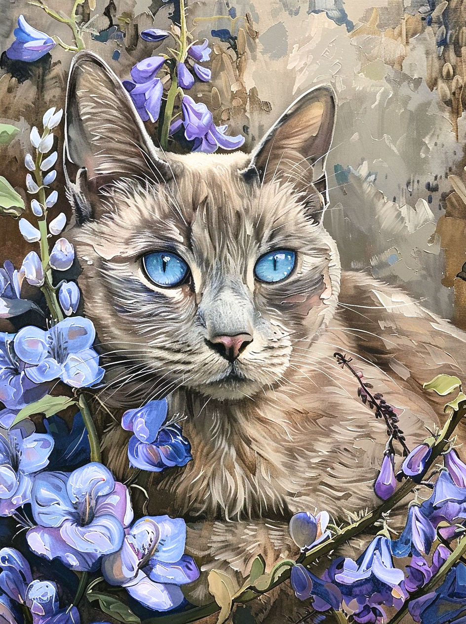 Blueeye Cat Purple Flowers Diamond Art Kit
