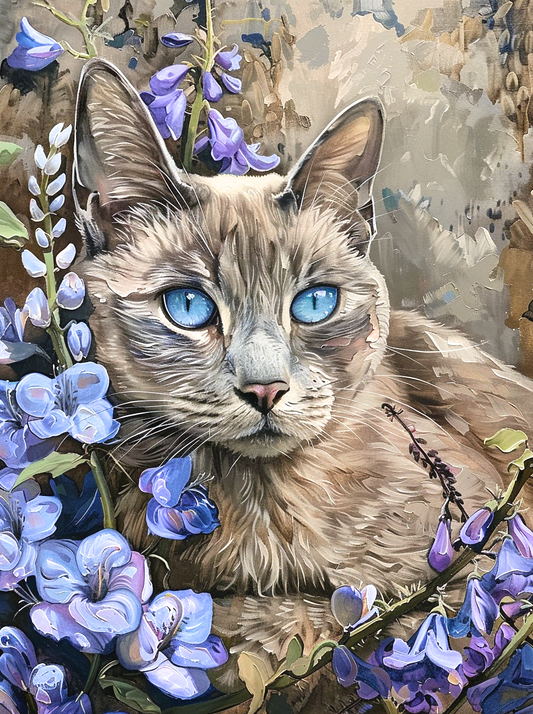 Blueeye Cat Purple Flowers Diamond Art Kit