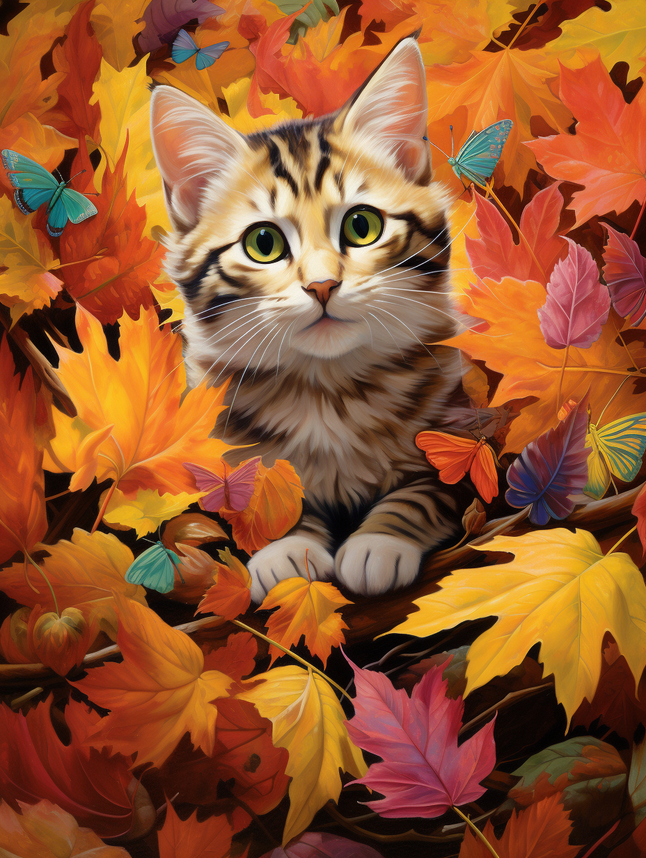 Striped Cat In The Leaves Diamond Art Kit