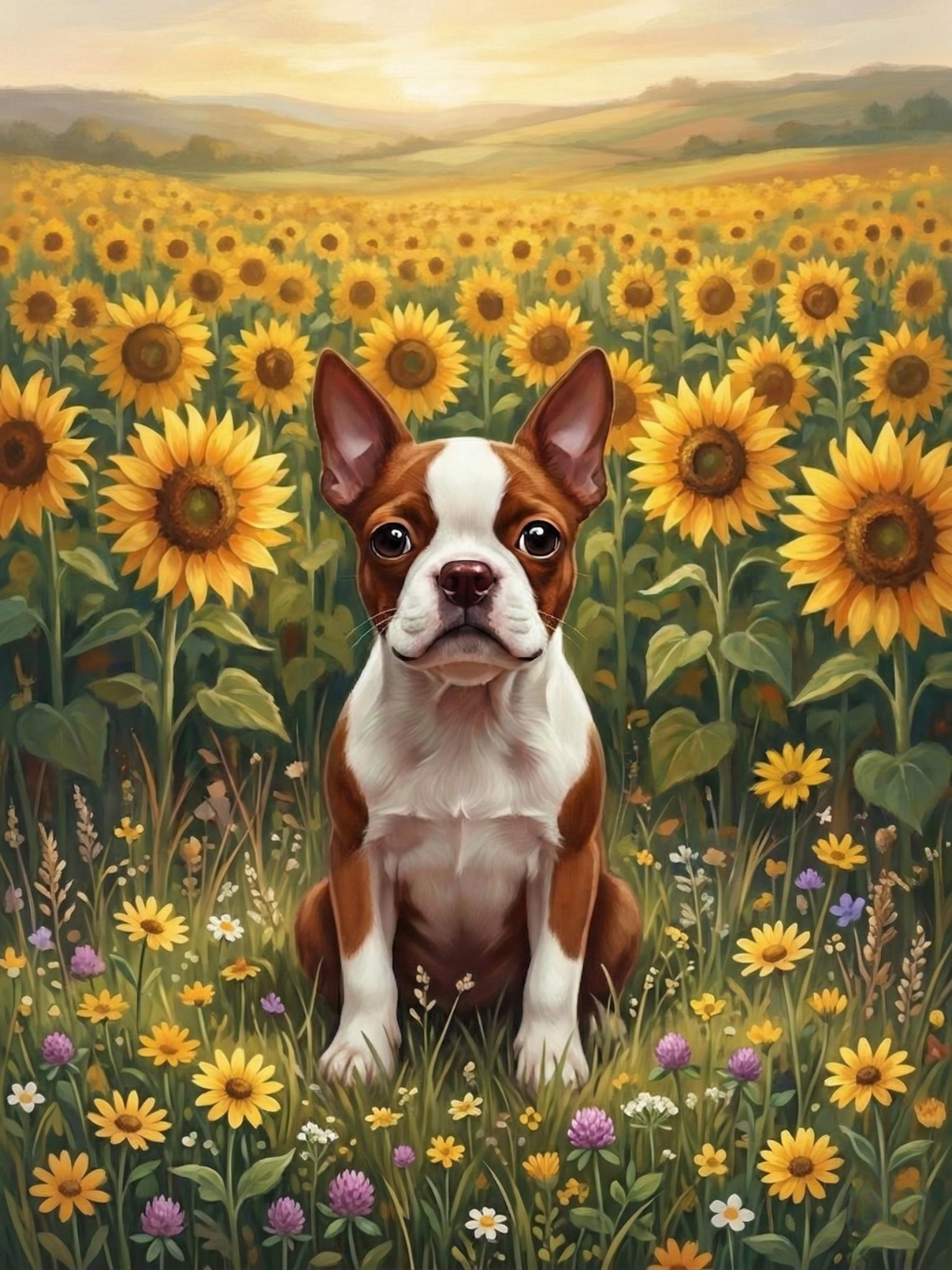 Red Boston Terrier Sunflower Field Diamond Art Kit
