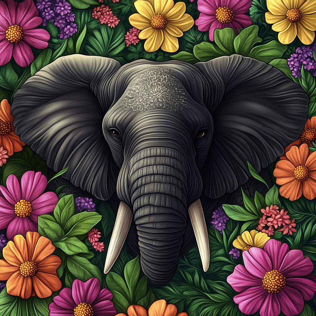 Dark Grey Elephant Flowers Diamond Art Kit
