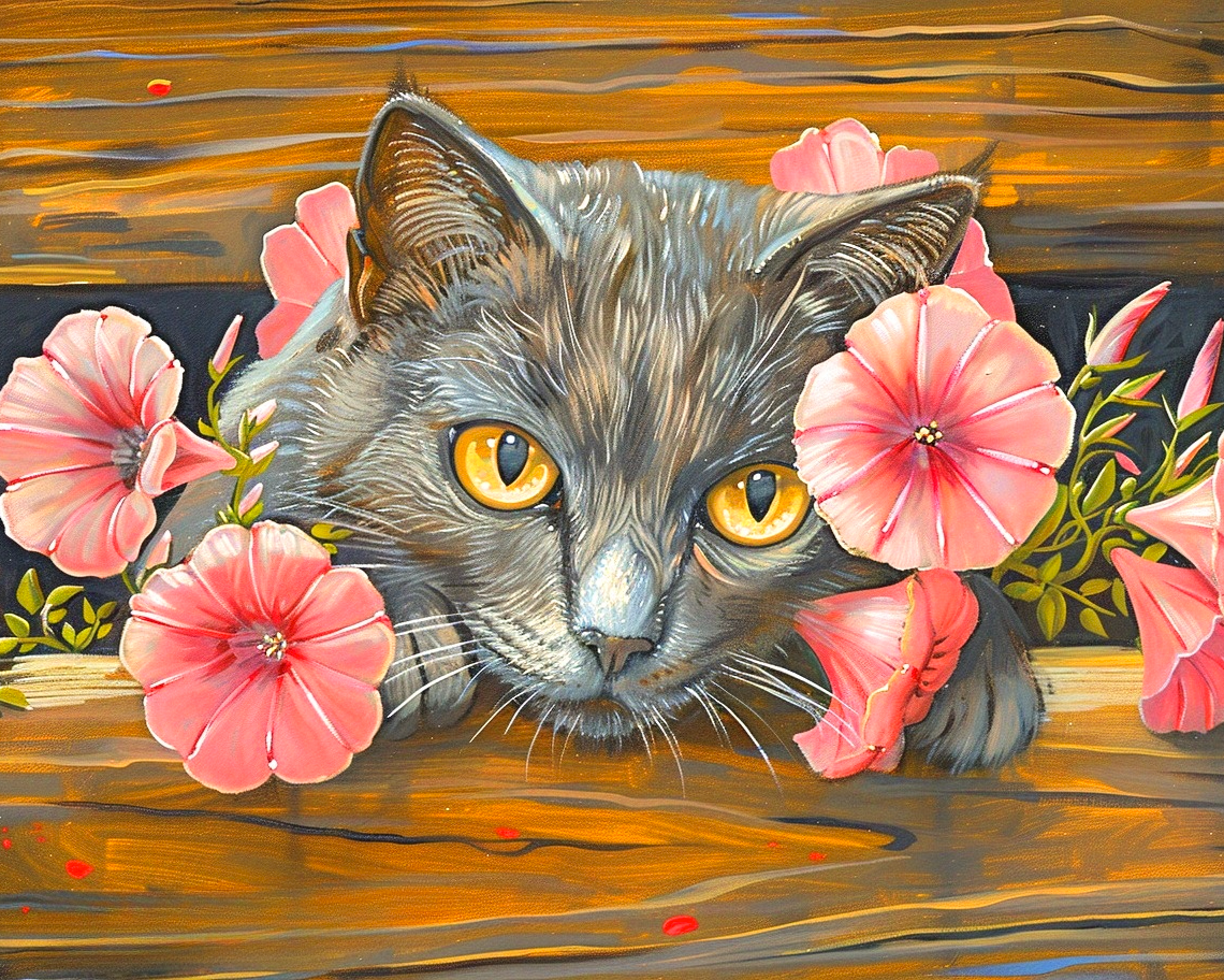 Pink Flowers Gray Cat Diamond Art Kit