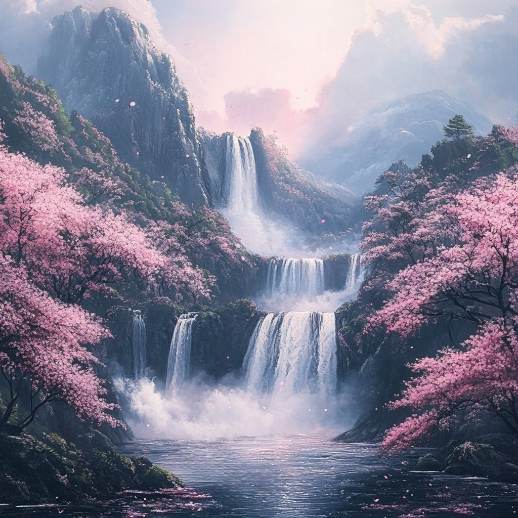 Mountain Waterfalls Pink Flowers Diamond Art Kit
