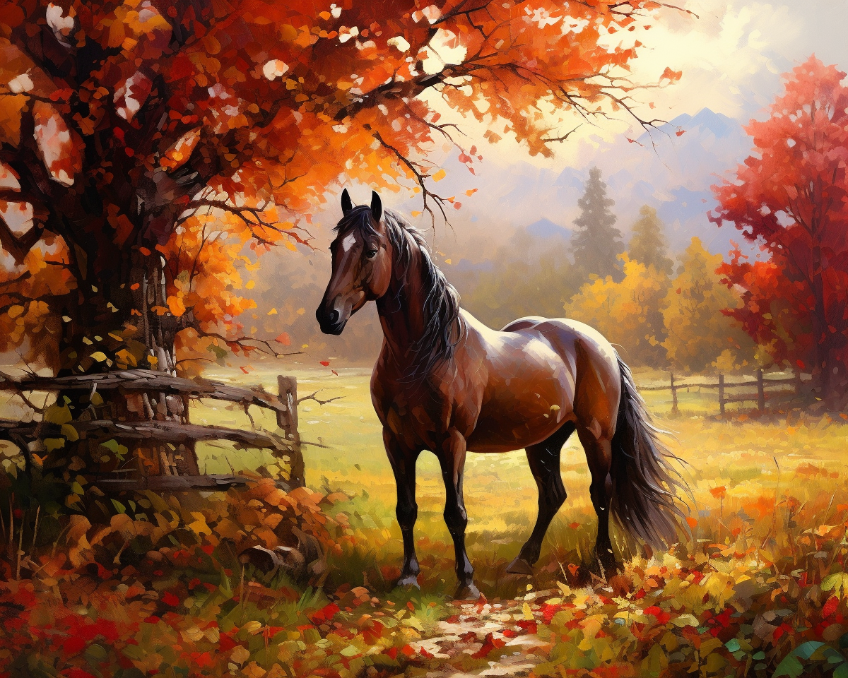 Brown Stallion In Autumn Diamond Art Kit