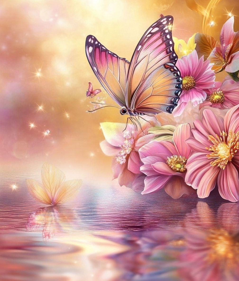 Pink Flowers And Butterfly Diamond Art Kit
