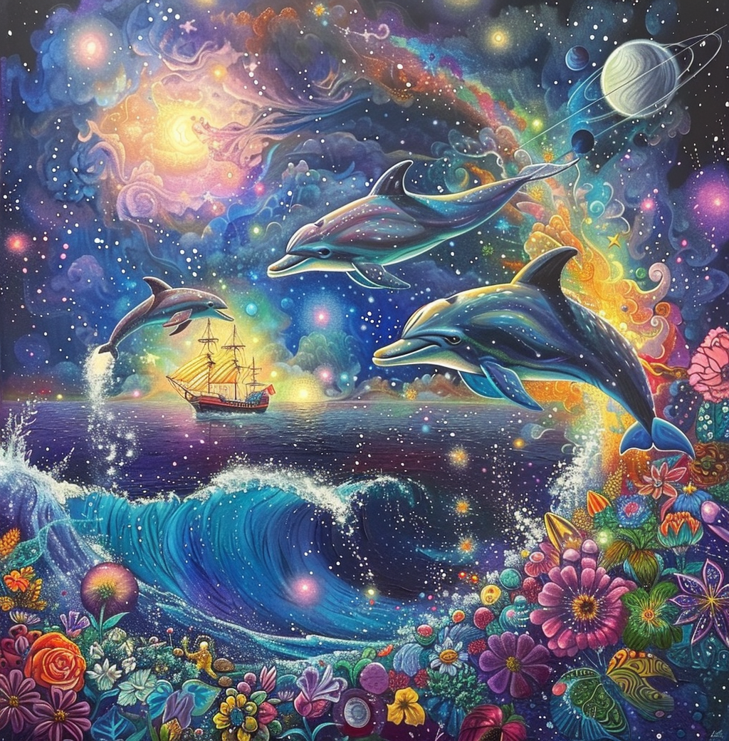 Abstract Sky Dolphins And Flowers Diamond Art Kit