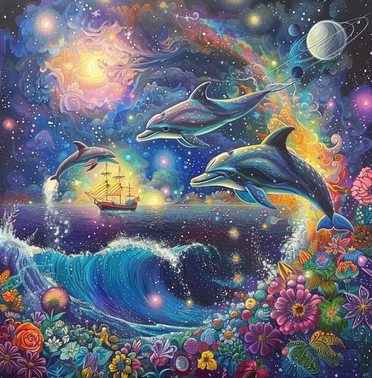 Abstract Sky Dolphins And Flowers Diamond Art Kit