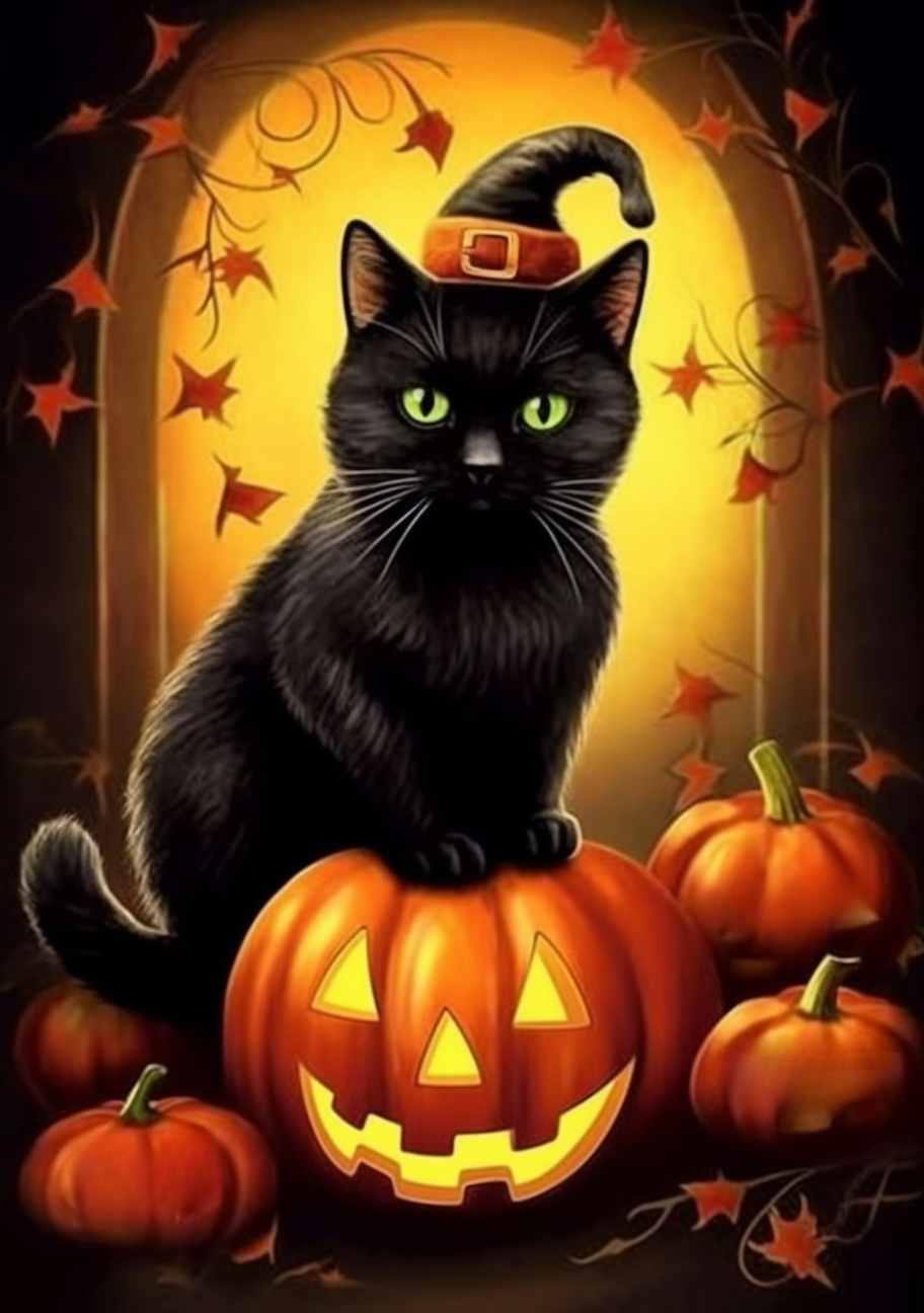 Black Cat On A Pumpkin Diamond Art Kit