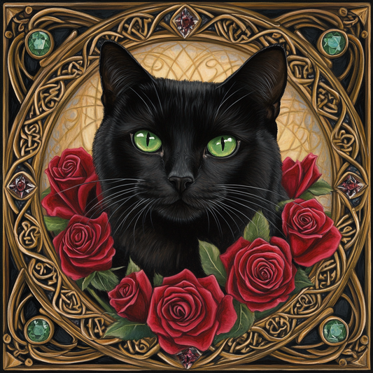 Black Cat And Red Roses Diamond Art Kit