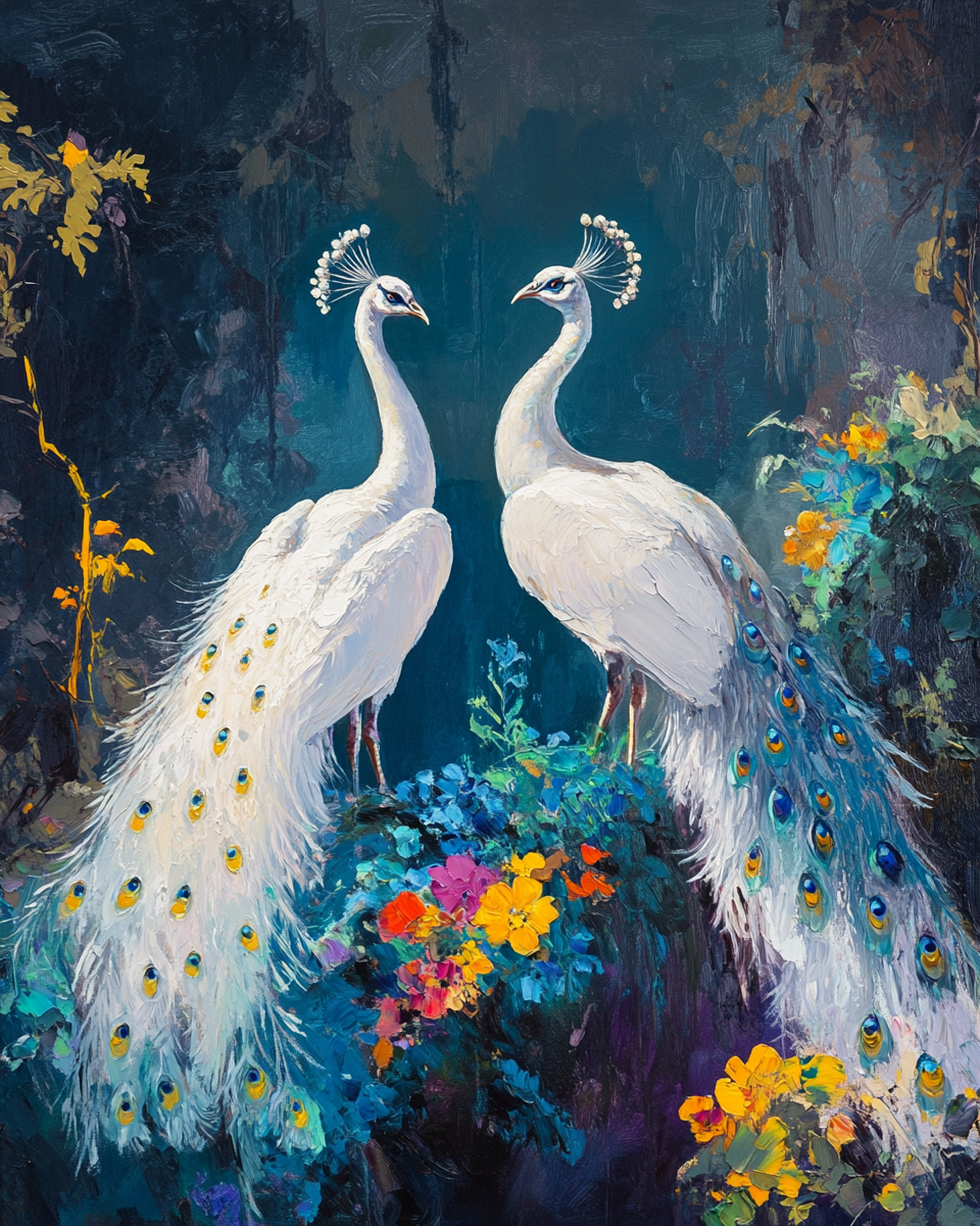 White Peacocks In Flowers Diamond Art Kit