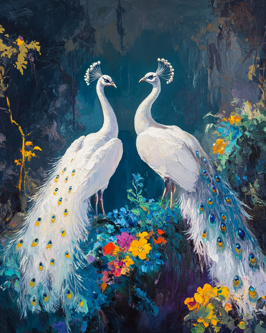 White Peacocks In Flowers Diamond Art Kit
