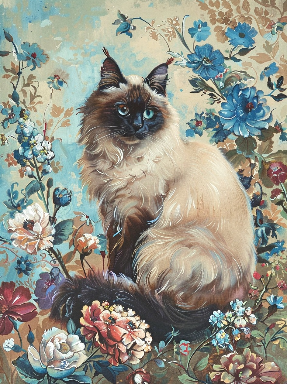 Cat In Blue Mauve Flowers Diamond Art Kit