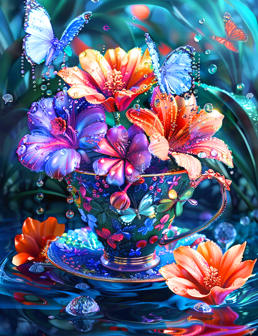 Butterfly Teacup Flowers Diamond Art Kit