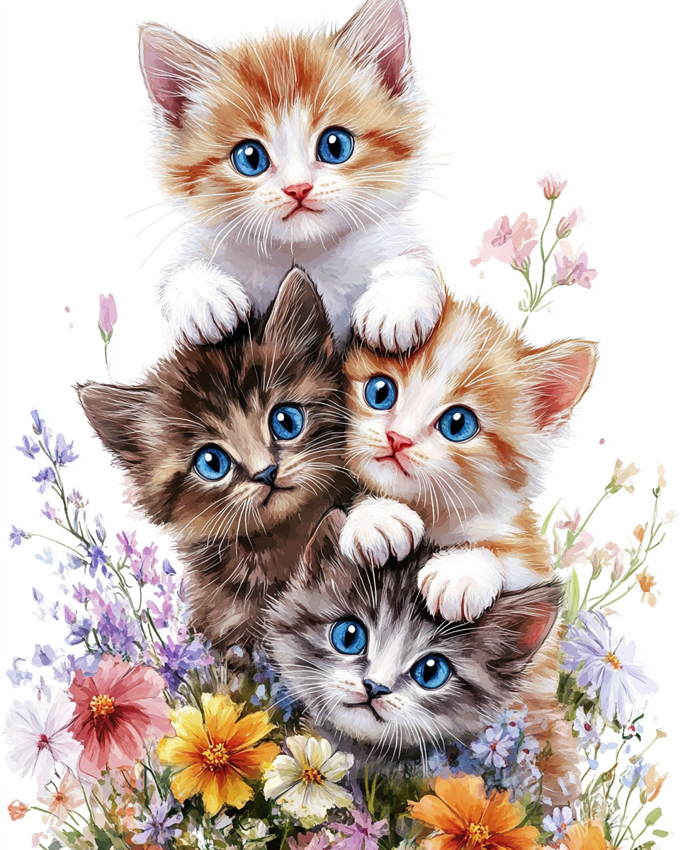 Four Kittens In Flowers Diamond Art Kit