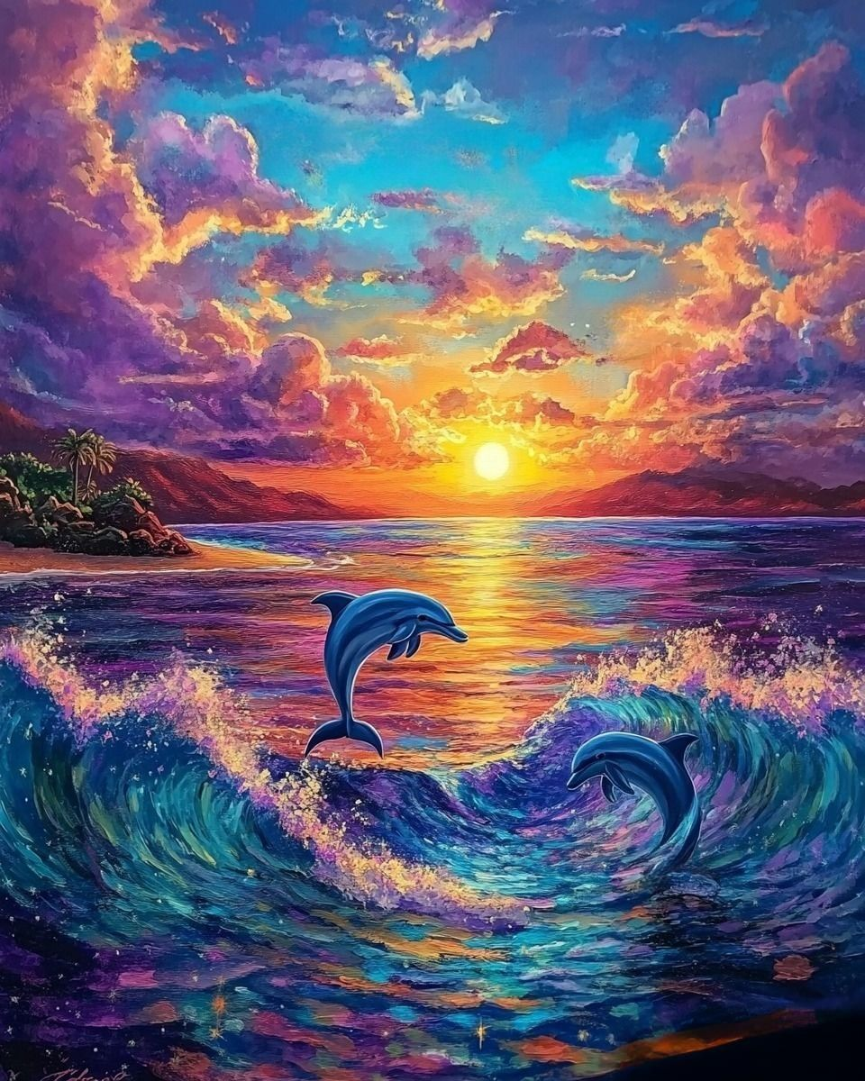 Abstract Ocean Dolphins Diamond Art Kit