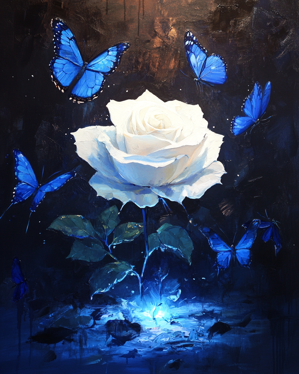 Dark Blue Butterflies White Rose Diamond Art Kit