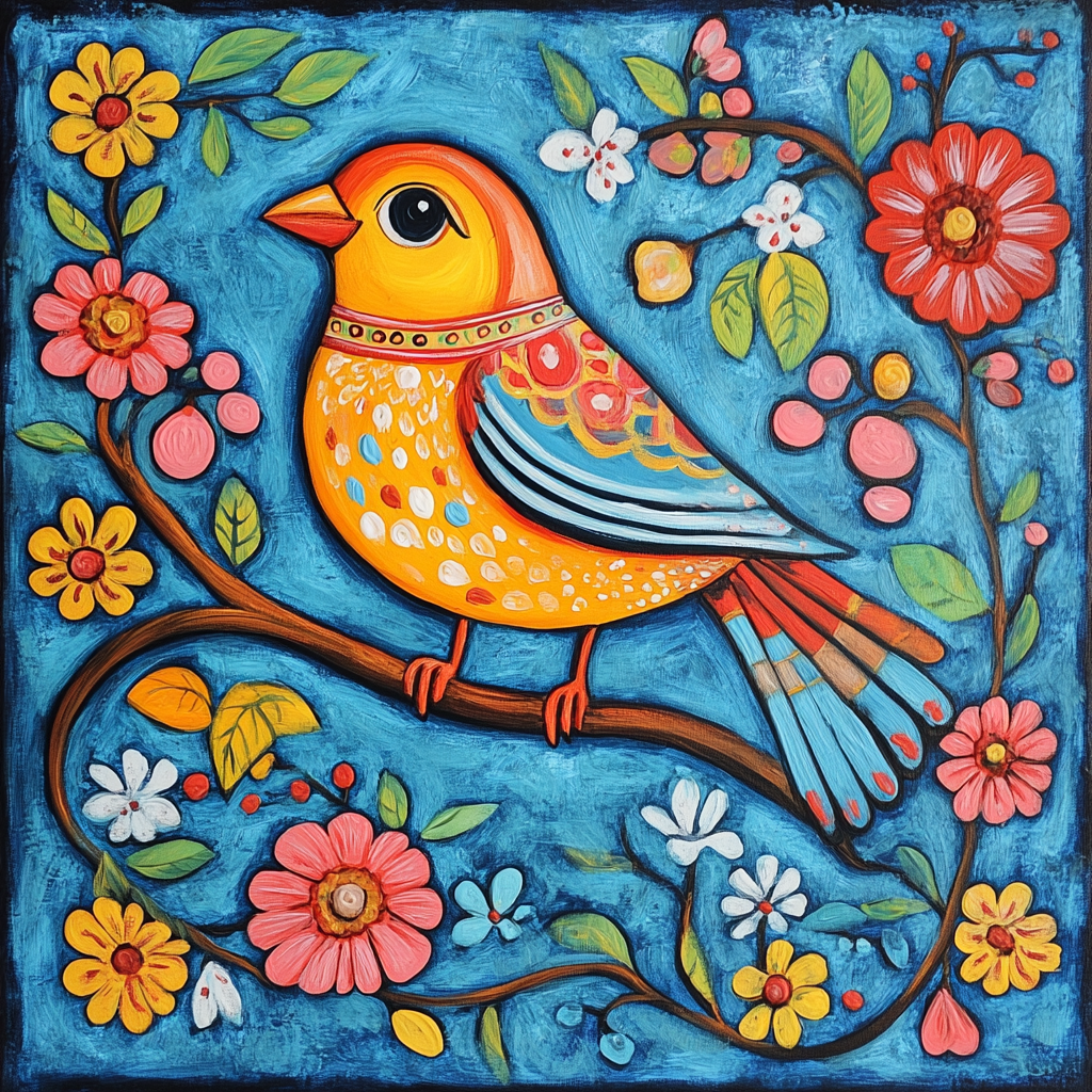 Yellow Bird Flowers Folk Art Diamond Art Kit