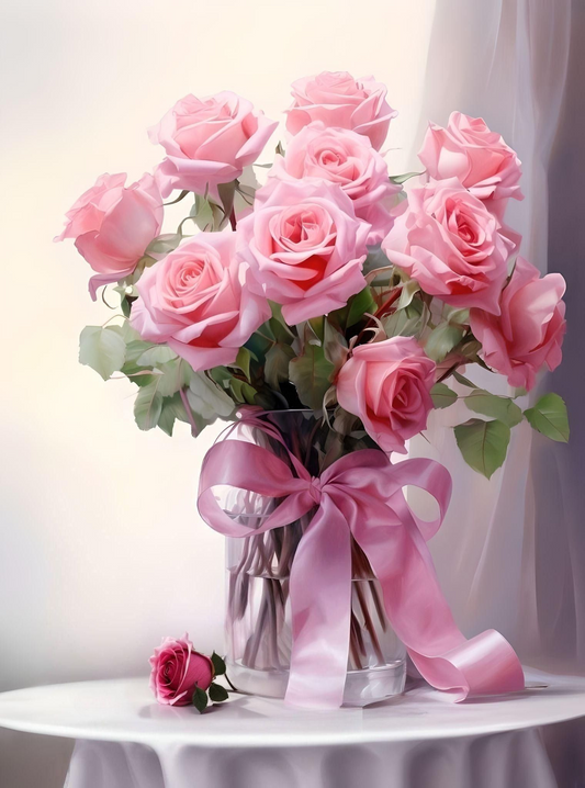 Pink Ribbon And Pink Roses Diamond Art Kit