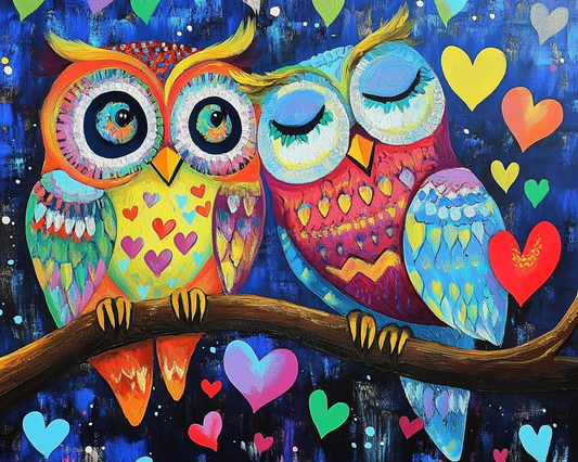 Two Abstract Owls And Hearts Diamond Art Kit