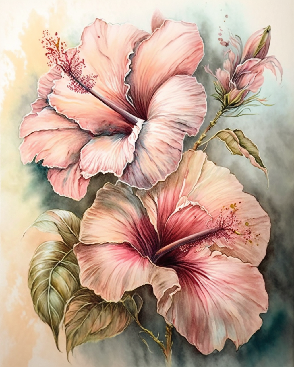 Two Pale Pink Hibiscus Diamond Art Kit