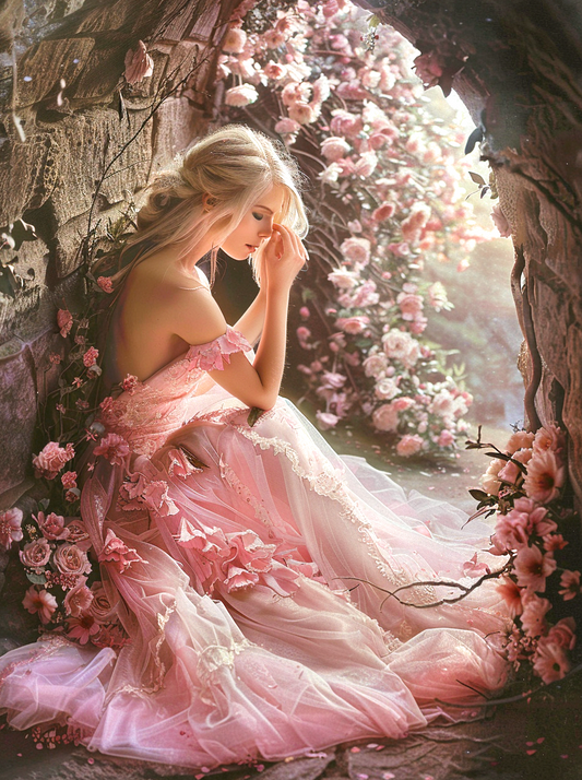 Pink Dress Girl And Roses Diamond Art Kit