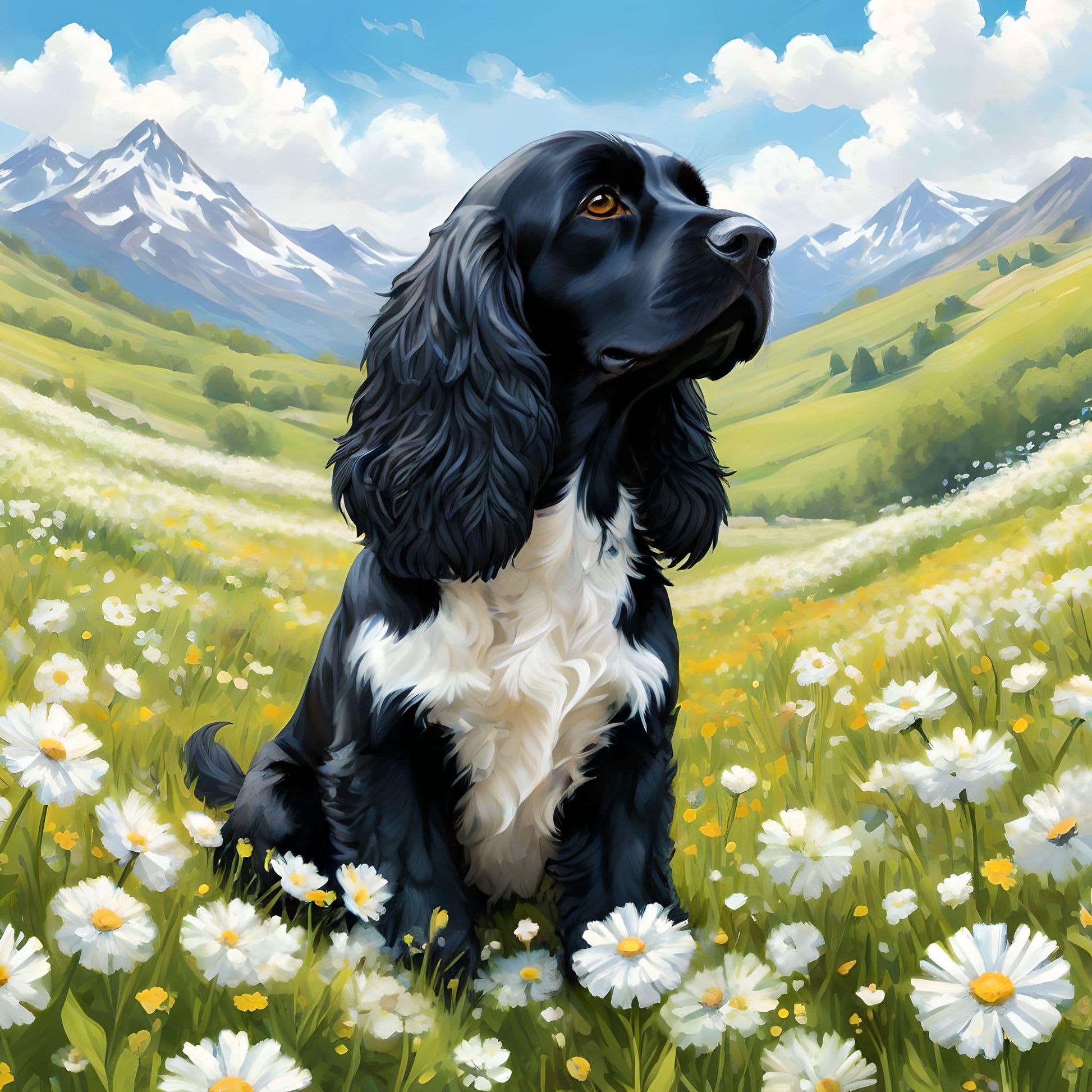 Black White Cocker Spaniel Meadow Diamond Art Kit