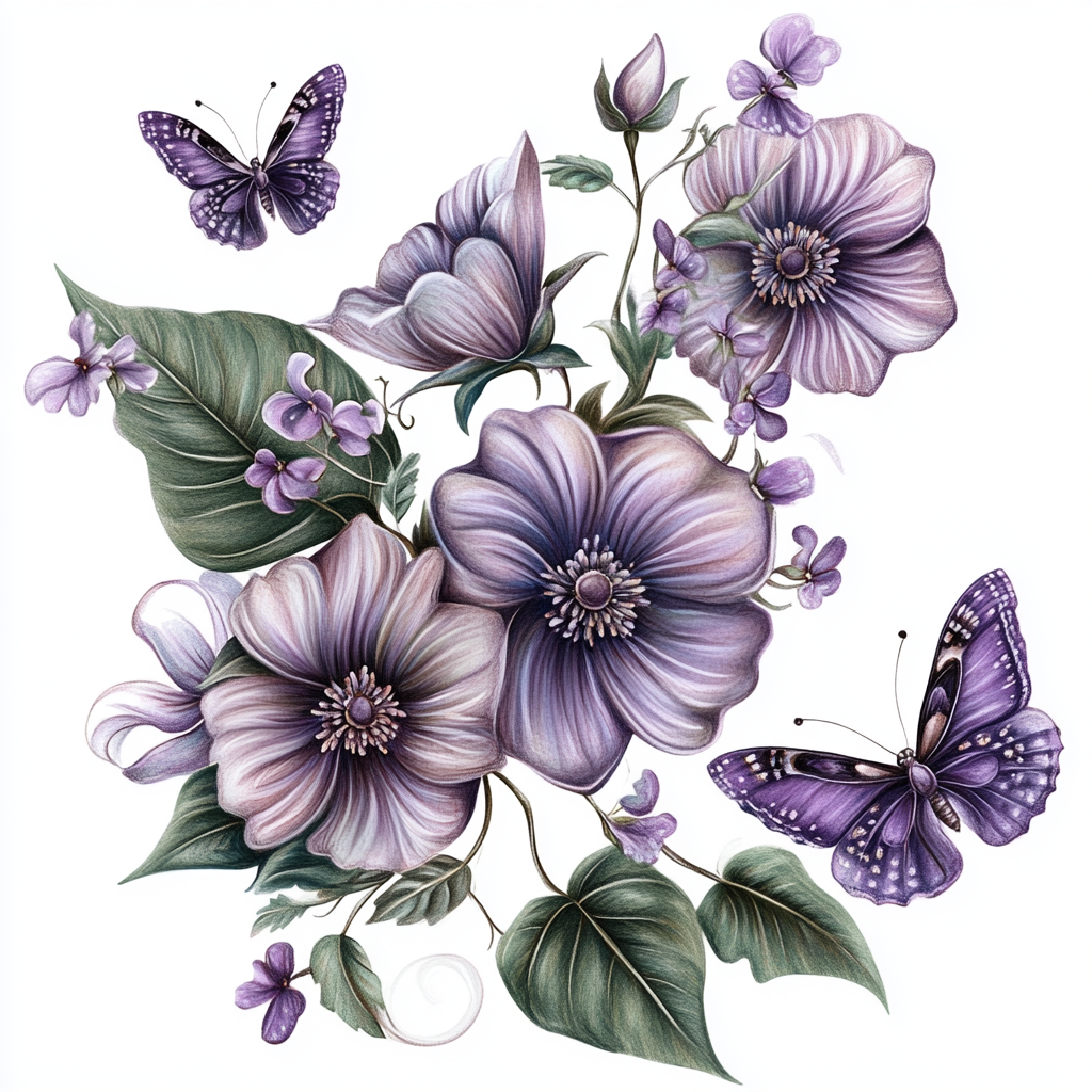 Green Leaves And Purple Flowers Diamond Art Kit