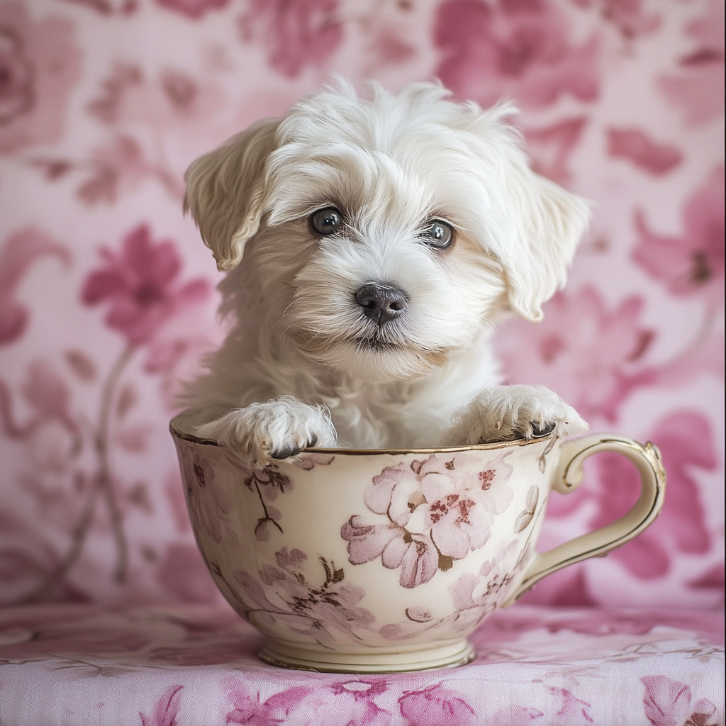 Pink Flower Teacup Mini Maltese Diamond Art Kit