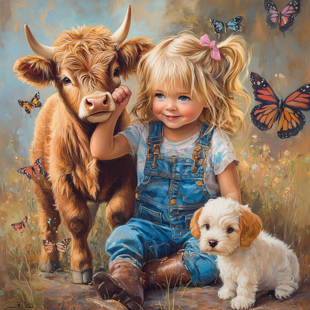 Butterflies Calf Puppy Girl Diamond Art Kit