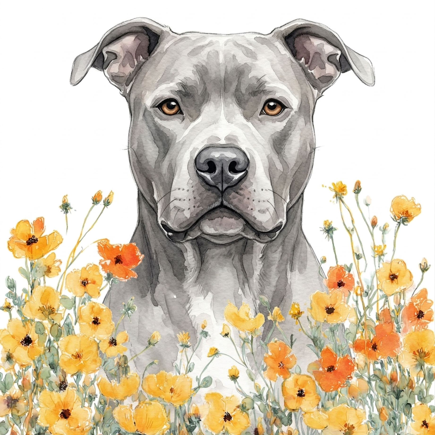 Yellow Poppies Gray American Pitbull Diamond Art Kit