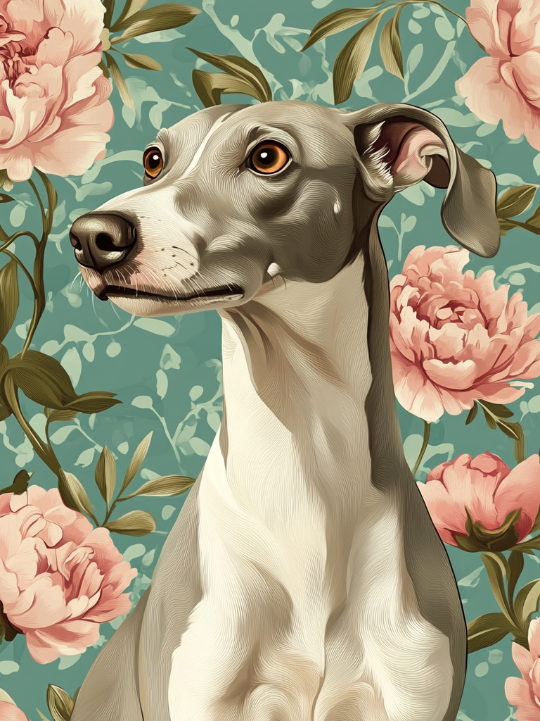 Grey White Greyhound Flowers Diamond Art Kit