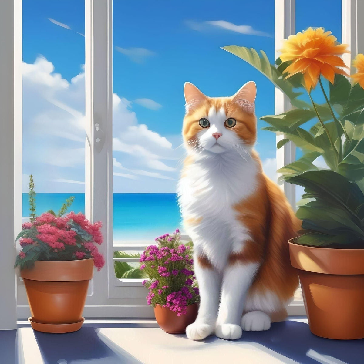 Orange White Cat Beach Window Diamond Art Kit