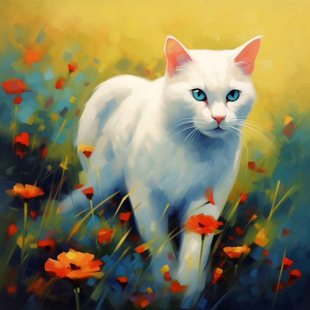White Cat Flower Field Diamond Art Kit