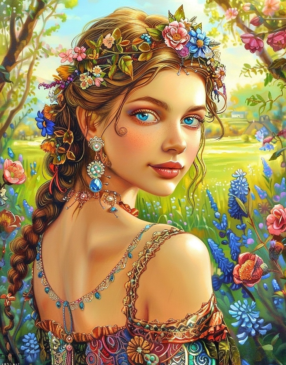 Girl In Colorful Flowers Diamond Art Kit