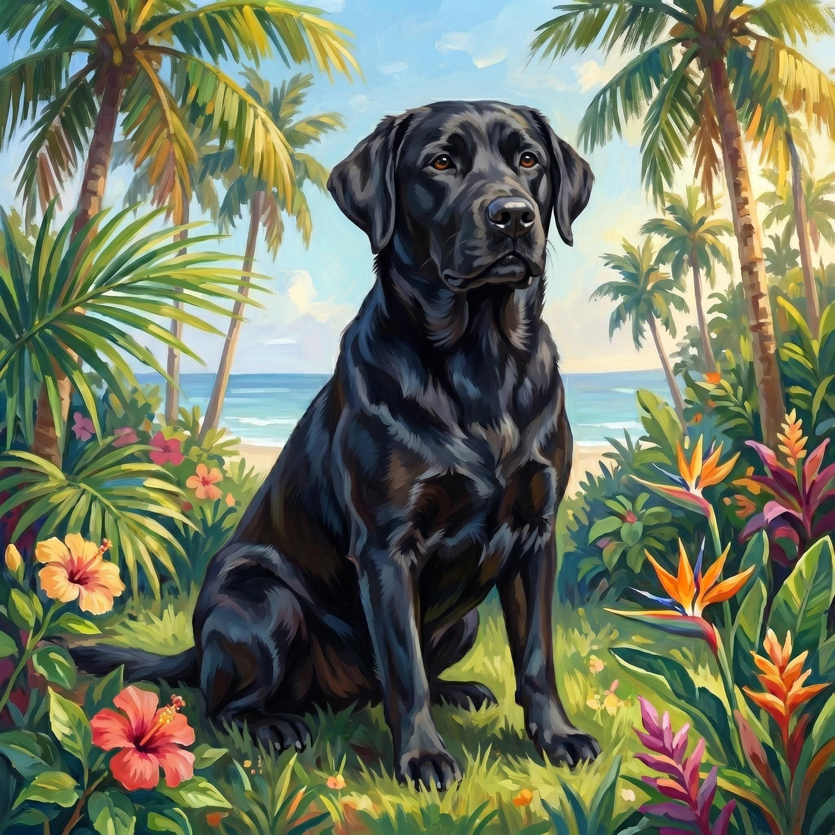 Palm Tree Summer Black Labrador Retriever Diamond Art Kit