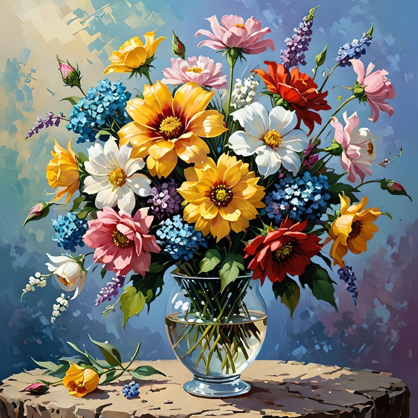 Wood Table Glass Vase Of Flowers Diamond Art Kit