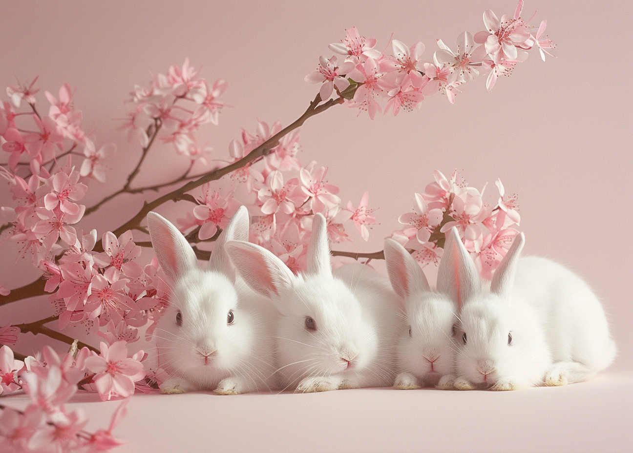 Four White Rabbit Pink Blossoms Diamond Art Kit