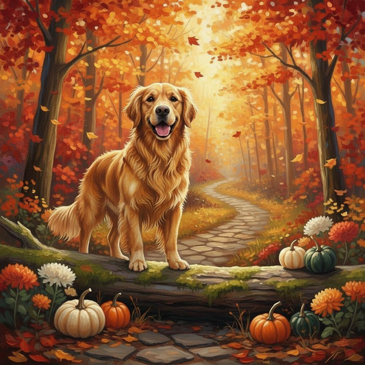 Autumn Forest Golden Retriever Diamond Art Kit