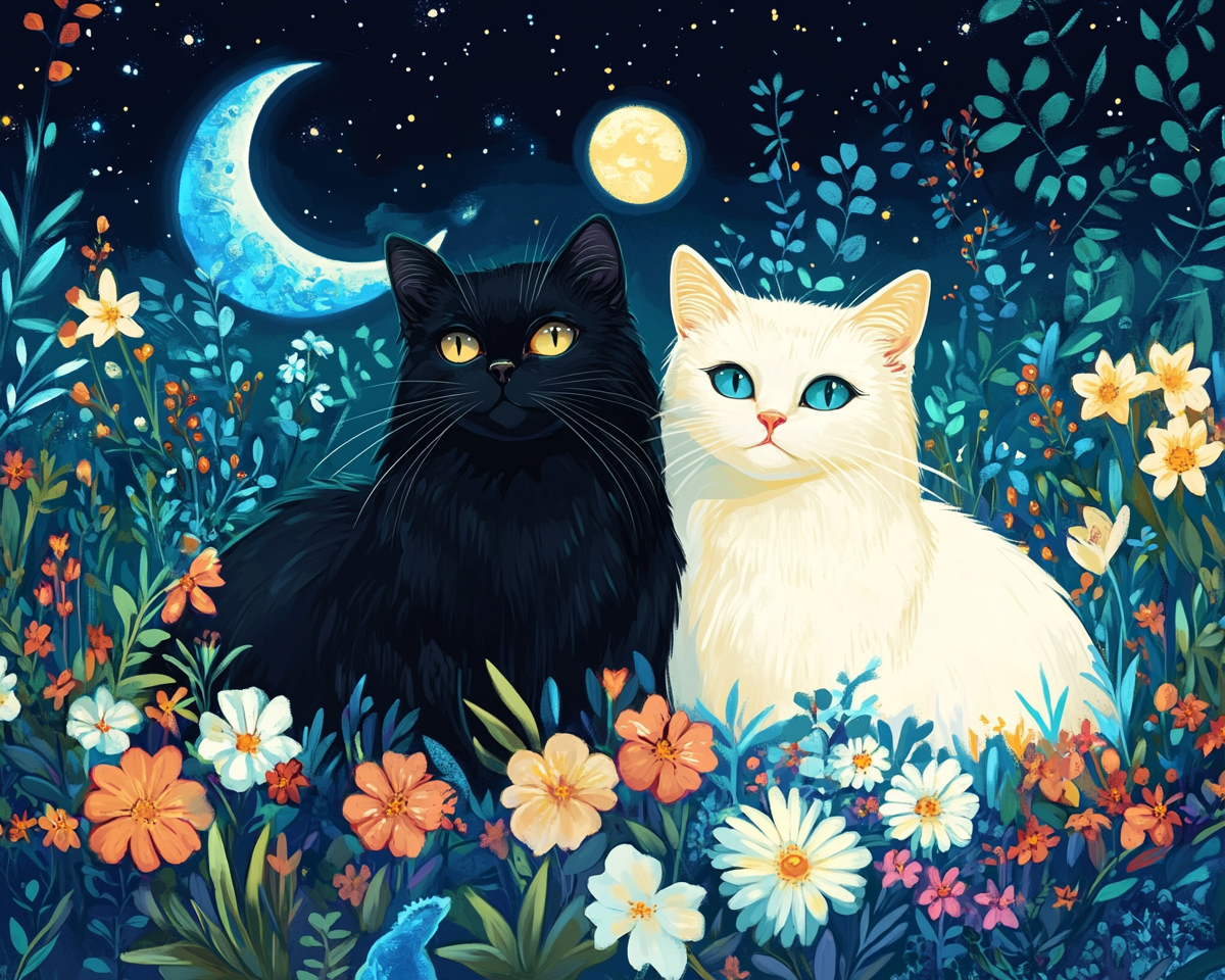 Black White Cat Crescent Moon Diamond Art Kit