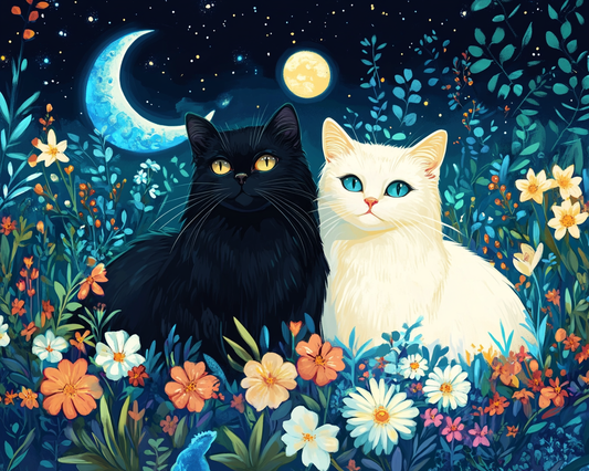 Black White Cat Crescent Moon Diamond Art Kit