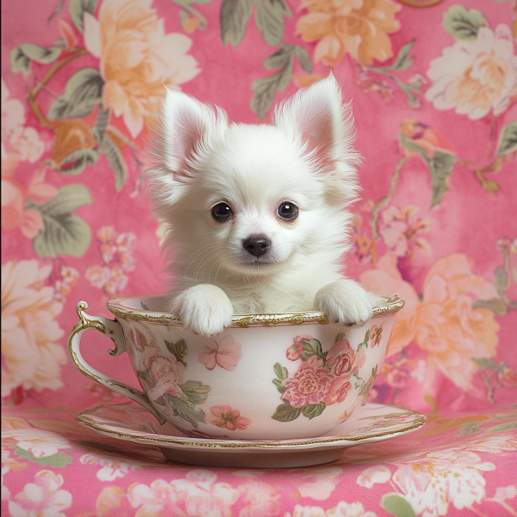 Flower Teacup White Pomeranian Diamond Art Kit