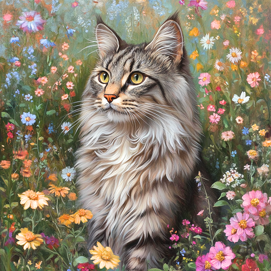 Striped Cat In Flowers Diamond Art Kit