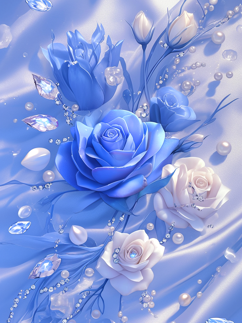 Blue White Roses Pearls Diamond Art Kit