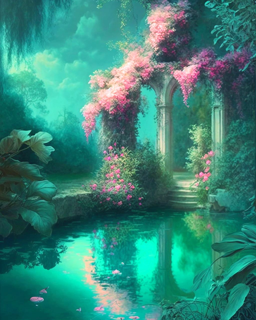 Pink Flower Arch Pond Diamond Art Kit