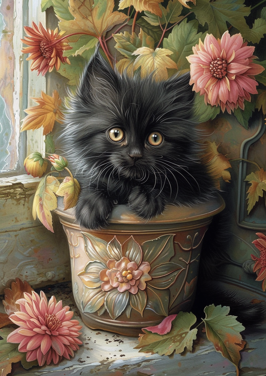 Flowerpot Black Kitten Diamond Art Kit