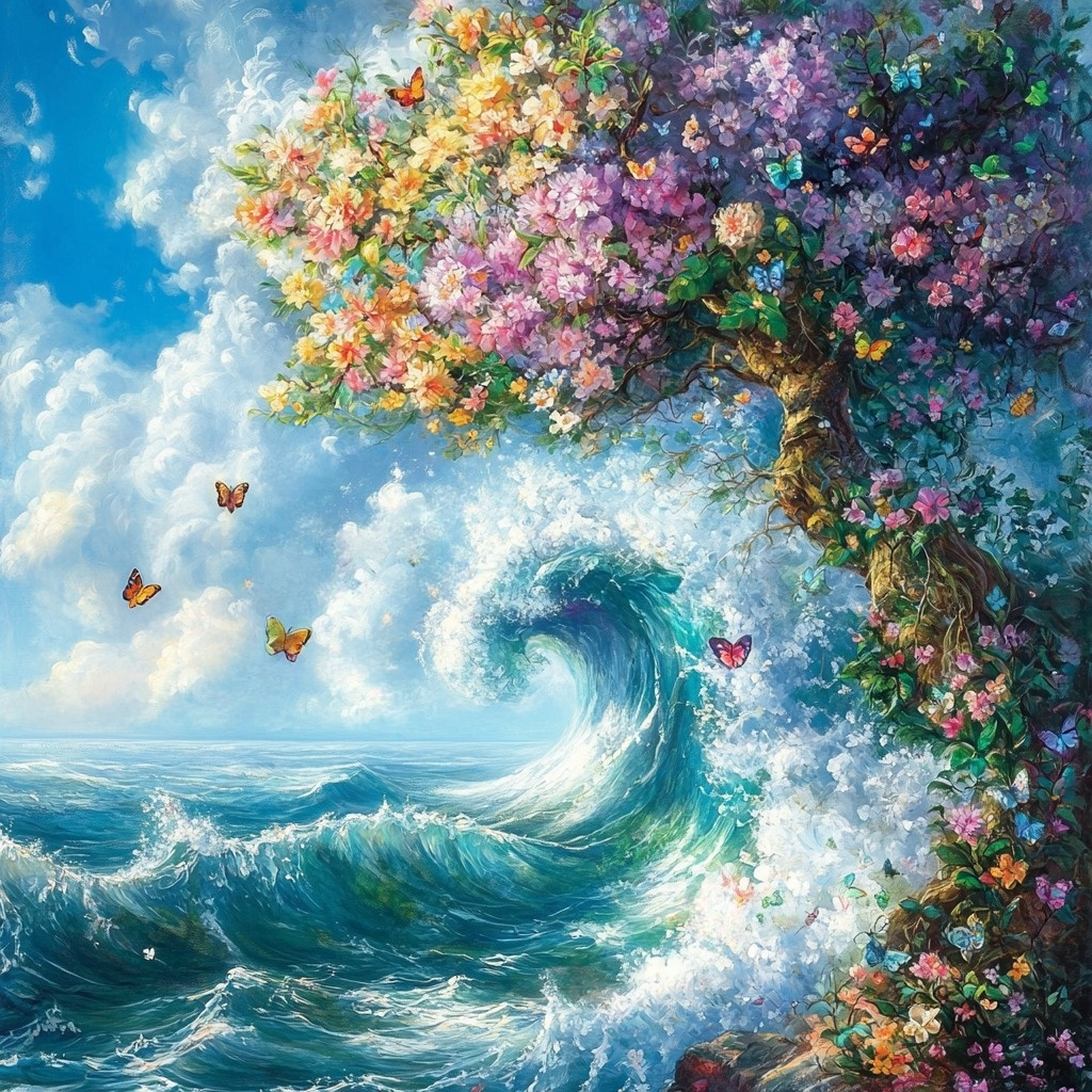 Spring Flower Tree And Waves Diamond Art Kit