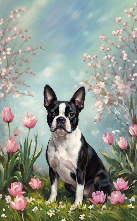 Blackandwhite Boston Terrier In Tulips Diamond Art Kit