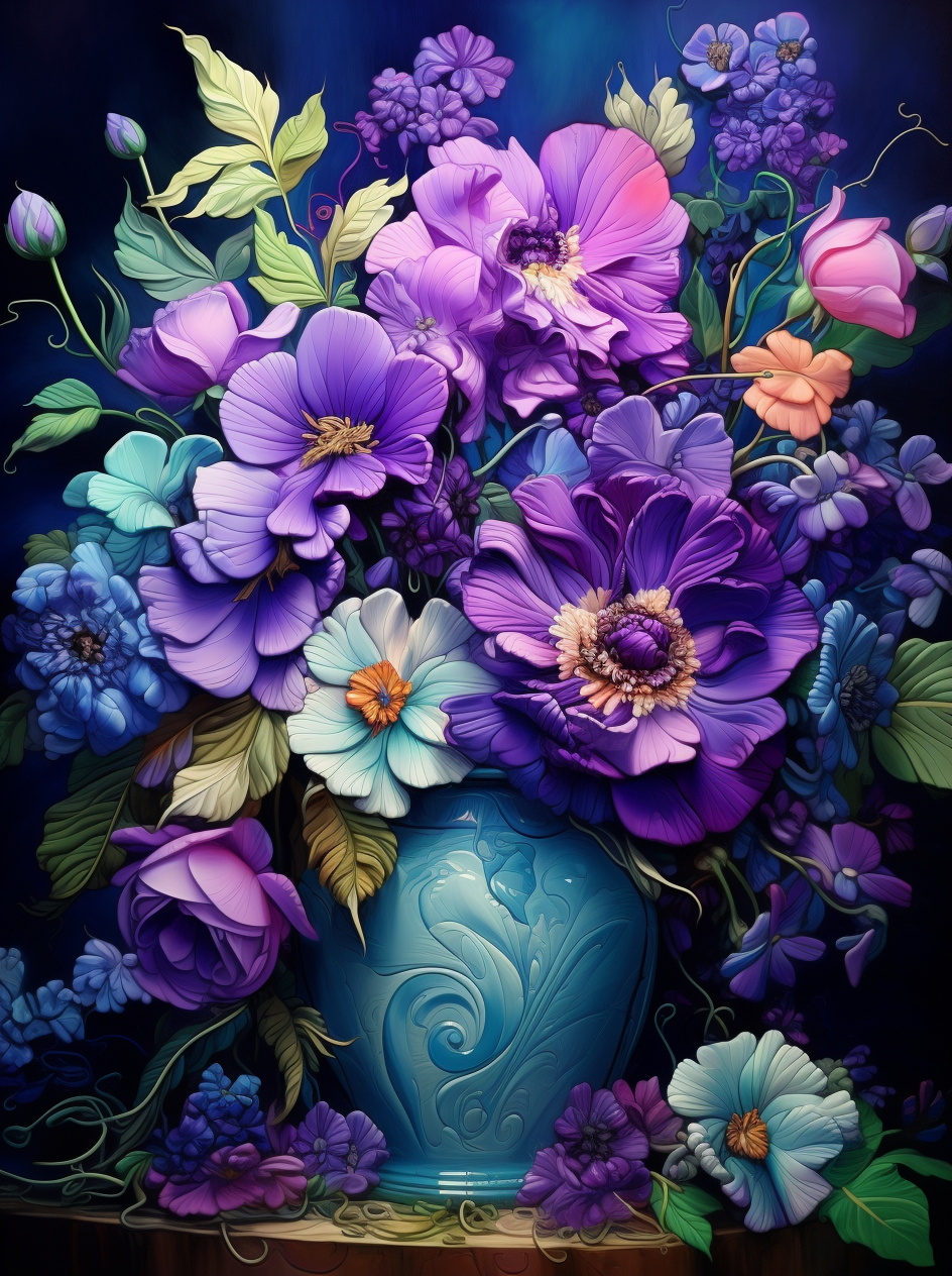Swirling Blue Vase Flowers Diamond Art Kit