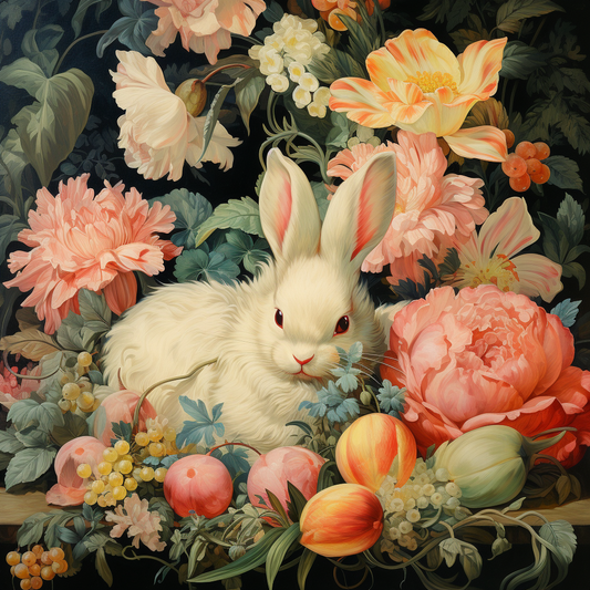 White Bunny Flowers Fruit Diamond Art Kit