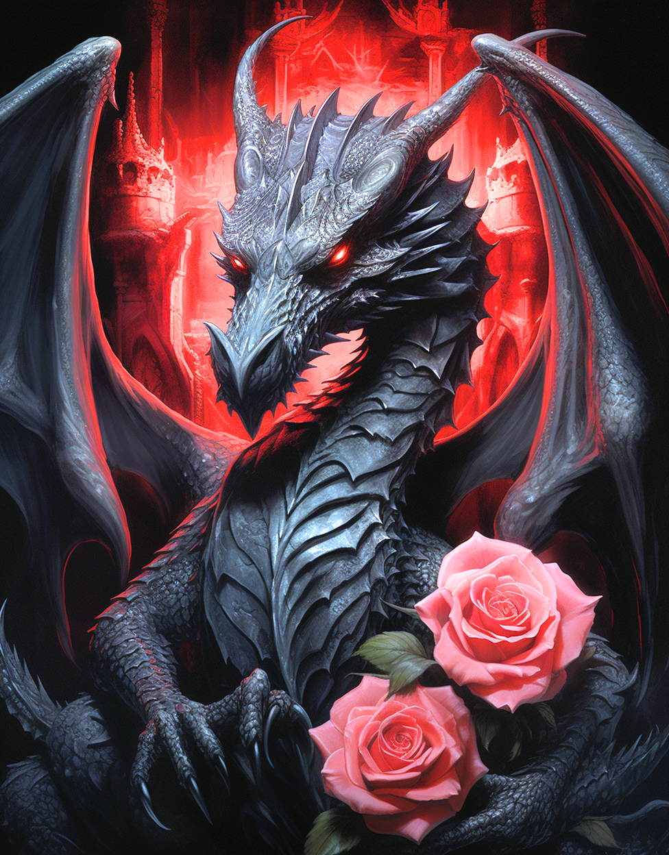Black Dragon Two Pink Roses Diamond Art Kit